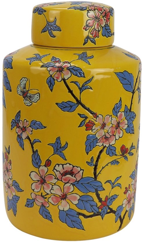 Gele gemberpot met deksel, handgeschilderd met bloemen en vlinders in roze en blauw.