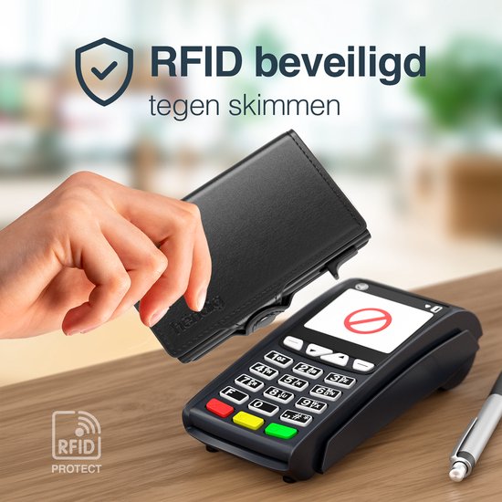 Hand houdt zwarte Hëndig pasjeshouder bij een betaalautomaat. "RFID beveiligd tegen skimmen" staat met tekst.