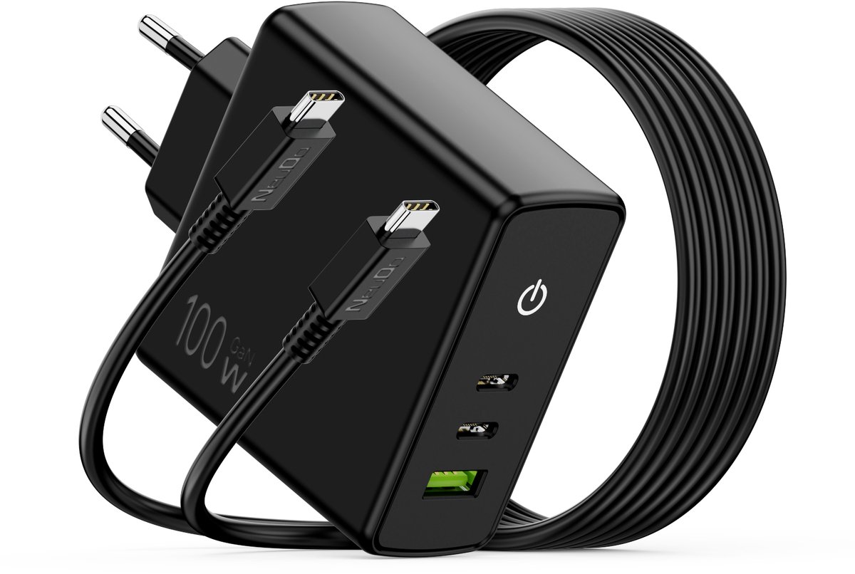 NEUE DAWN - 96W 100W USB C Snellader Oplader Laptop met 1.8m USB C Kabel - met 2 USB C,1 USB A Poort - USB C Adapter voor MacBook Pro/MacBook Air/iPad Pro/Air - compatibel met iPhone 17/16/15/14/13/Lenovo HP ASUS Acer
