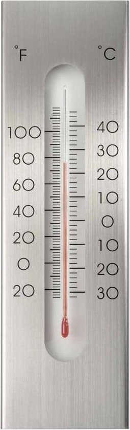 Aluminium thermometer met een schaal in Celsius en Fahrenheit. De rode vloeistof in de thermometer geeft de temperatuur aan.