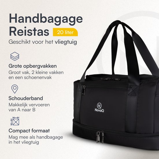 Zwarte reistas met handvatten en schouderband, logo NovaQ, 20 liter.