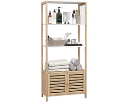 HOMCOM-Badkamerrek-Bamboe-63x30x138cm-Natuurlijk hout en wit