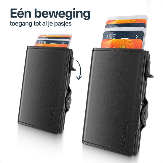 Zwarte Hëndig pasjeshouder met een mechanisme om kaarten uit te schuiven. Twee standen: gesloten en met uitgeschoven kaarten.