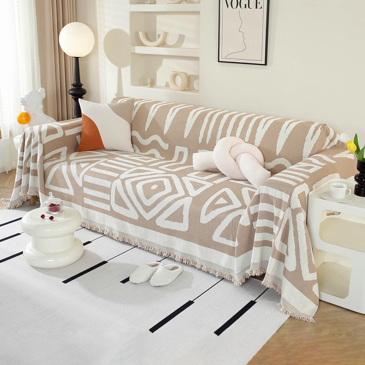 Ibenzoa Stijlvolle Boho Chenille Bankhoes met Decoratieve Kwastjes voor Diverse Bankmaten in Kaki beige