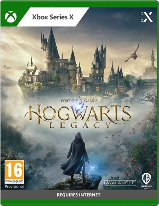 Couverture du jeu Hogwarts Legacy Xbox Series X avec château, silhouette en cape, oiseaux et PEGI 16.