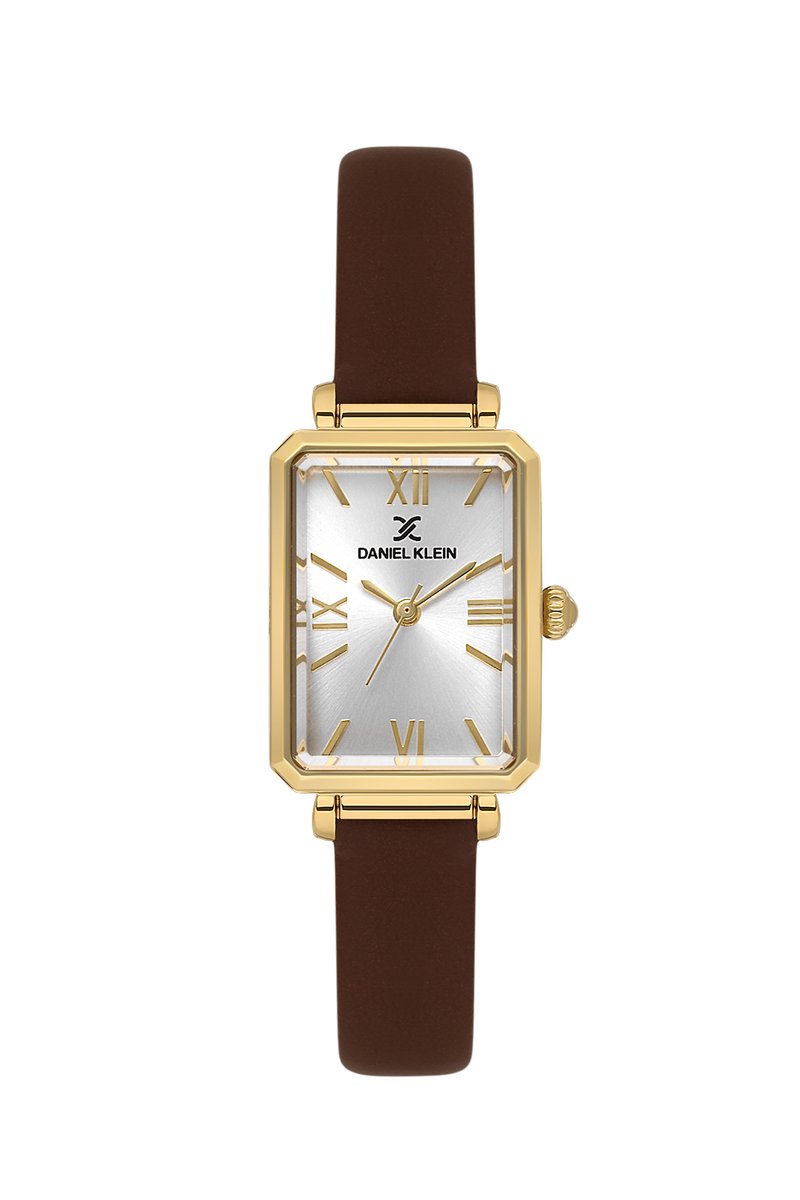 Daniel Klein DK.1.13935-4 - Horloge - Polshorloge - Analoog - Dames - Vrouwen - Leren band - Metaal - Rechthoek - Streepjes - Romeinse Cijfers - DonkerBruin - Goudkleurig