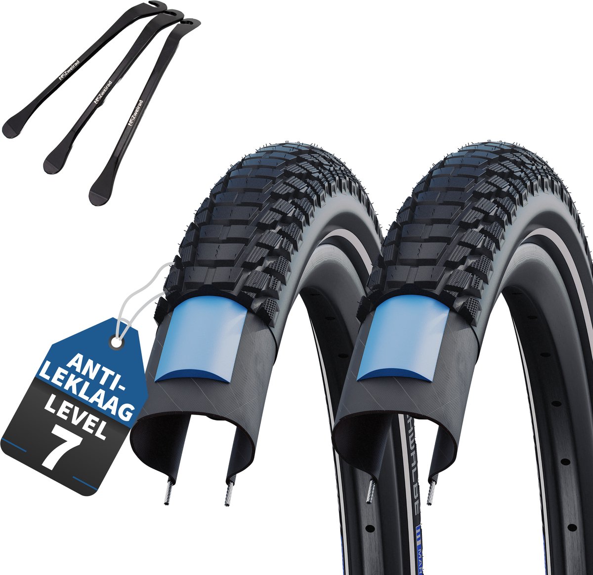 2-delige set Schwalbe fietsbanden Marathon Plus Tour 2022 Smart Guard 28 x1,40 inch buitenband (37-622) + MSZweirad bandenlichters