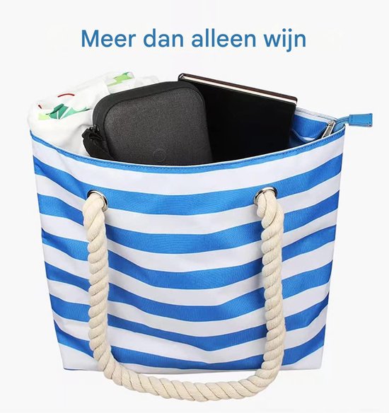 Wijntas voor op het strand - Wijnkoeltas - Lekvrije geïsoleerde tas - Verborgen compartiment met schenktuit - Geschikt voor 2 flessen wijn - Gestreept ontwerp - Geschikt voor reizen, restaurants, feesten en picknicks - Blauw, wit van Merkloos — afbeelding 3