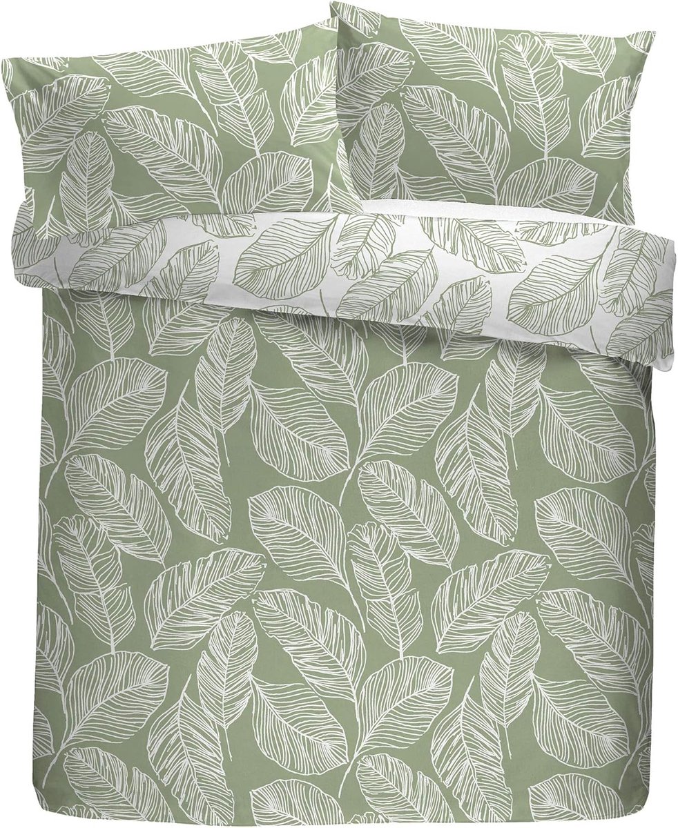 Famanu Matteo Green Leaf Dekbedovertrek - Super kingsize beddengoed (260 x 220 cm) - omkeerbaar ontwerp (witte en groene kleuren) - dekbedovertrek groen blad/bladeren - saliegroen beddengoed groen wit