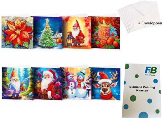 F4B Diamond Painting Kerstkaarten (3) – 8 Stuks – 15x15 cm – Met Enveloppen