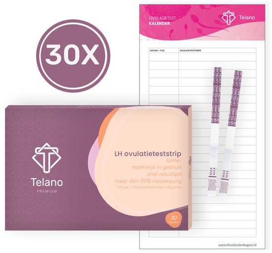 Doos met 30 LH ovulatieteststrips en kalender. De doos is paars met een lichtoranje en roze ovaal. Twee teststrips zichtbaar.