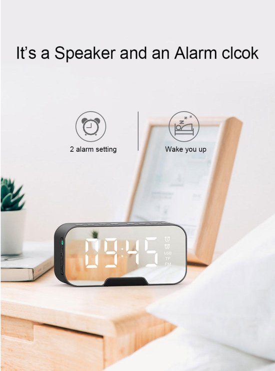 Bluetooth speaker, radio, klok, spiegel en TF ingang. zwart van Merkloos — afbeelding 2