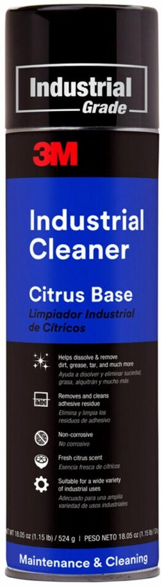 3M Industrieel Reiniger Citrus Base reinigingsspray met blauw, zwart en rood etiket.