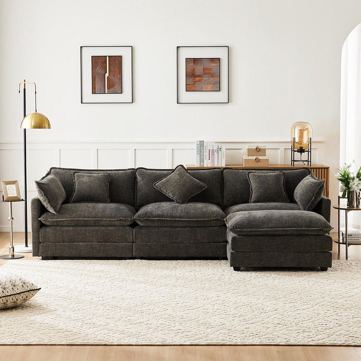 Pugsdrly Modern design, gestoffeerde meubels, chenille stof, driezitsbank, gestoffeerde bank, hoekbank met voetensteun, L-hoekbank, geschikt voor de woonkamer en slaapkamer. Video beschikbaar