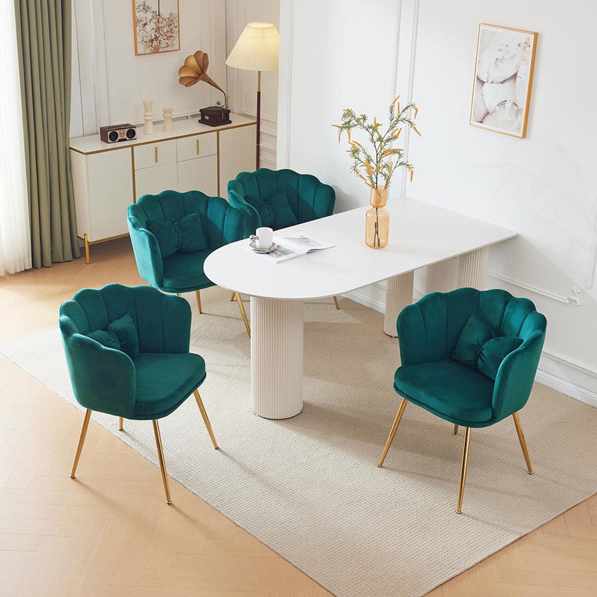 Pugsdrly Set van 4 moderne fluwelen salonstoelen, badkamerstoelen, gestoffeerde stoelen met bloembladvormige rugleuning, gouden metalen poten en vlinderkussens voor de slaapkamer of eetkamer