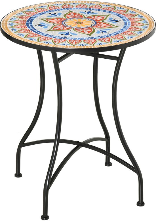 Outsunny-Gartentisch-Keramik, Metall-60L x 60B x 71H cm-Rot+Blau+Weiß