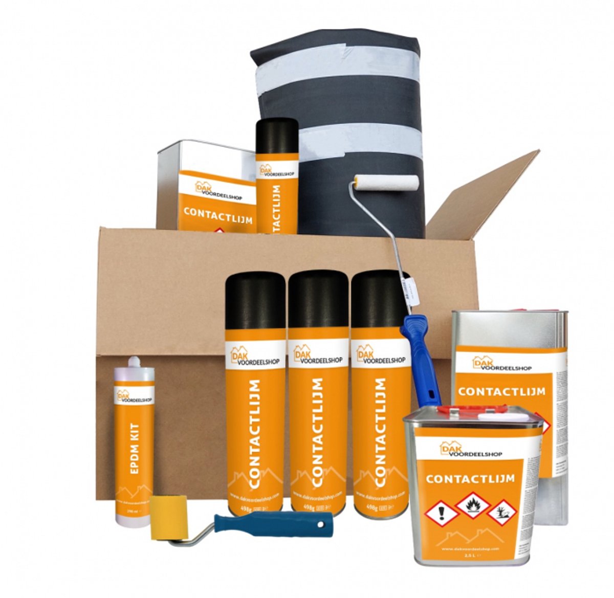 Dakvoordeelshop EPDM Dakpakket compleet 1,14mm dik - 6.10 meter breed - 5 meter lang - incl. EPDM kit, contactlijm, verfrol 10 cm, verfrolbeugel en aandrukroller