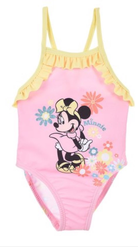 Roze baby badpak met Minnie Mouse print, gele ruches en gele bandjes. Met bloemen en "Minnie" opschrift.