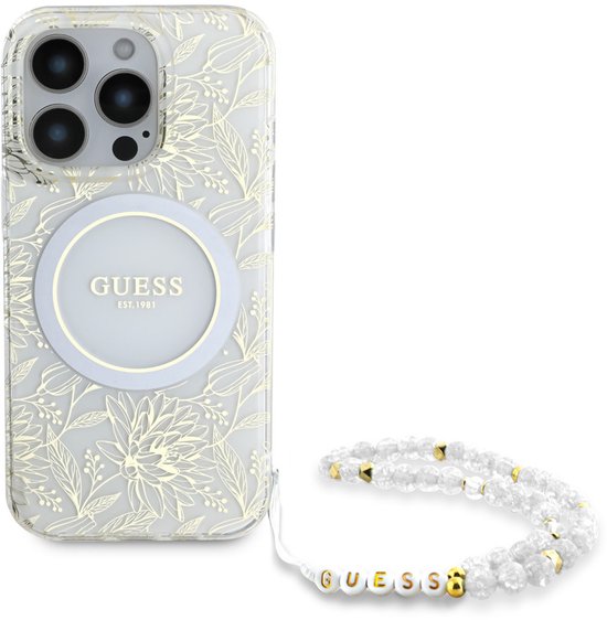 Guess GUHMP16LHCPOFPH iPhone 16 Pro 6,3" blanc/blanc coque rigide IML Flowers Allover Electro avec bracelet perlé MagSafe