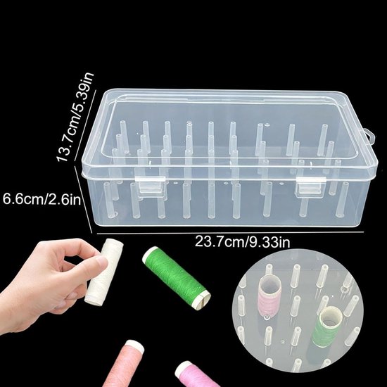 Opbergbox à coudre - Kit de couture - Plastique - Boîte à couture - Organiseur pour fournitures de couture - Panier à couture DIY - 42 Molinets - 23,7 x 13,7 x 6,6 cm - Transparent