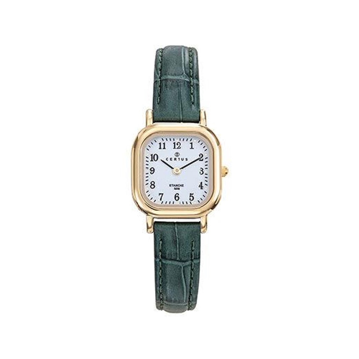 Certus-Dameshorloge-model 646604-goudkleurig-vierkant-groen lederen band-5 atm waterdicht-duidelijke wijzerplaat-hoog draagcomfort-23 x 23 mm