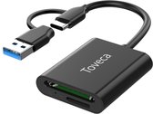 Zwarte Toveca kaartlezer met ingebouwde USB-C en USB-A kabels, en sleuven voor SD en TF kaarten.