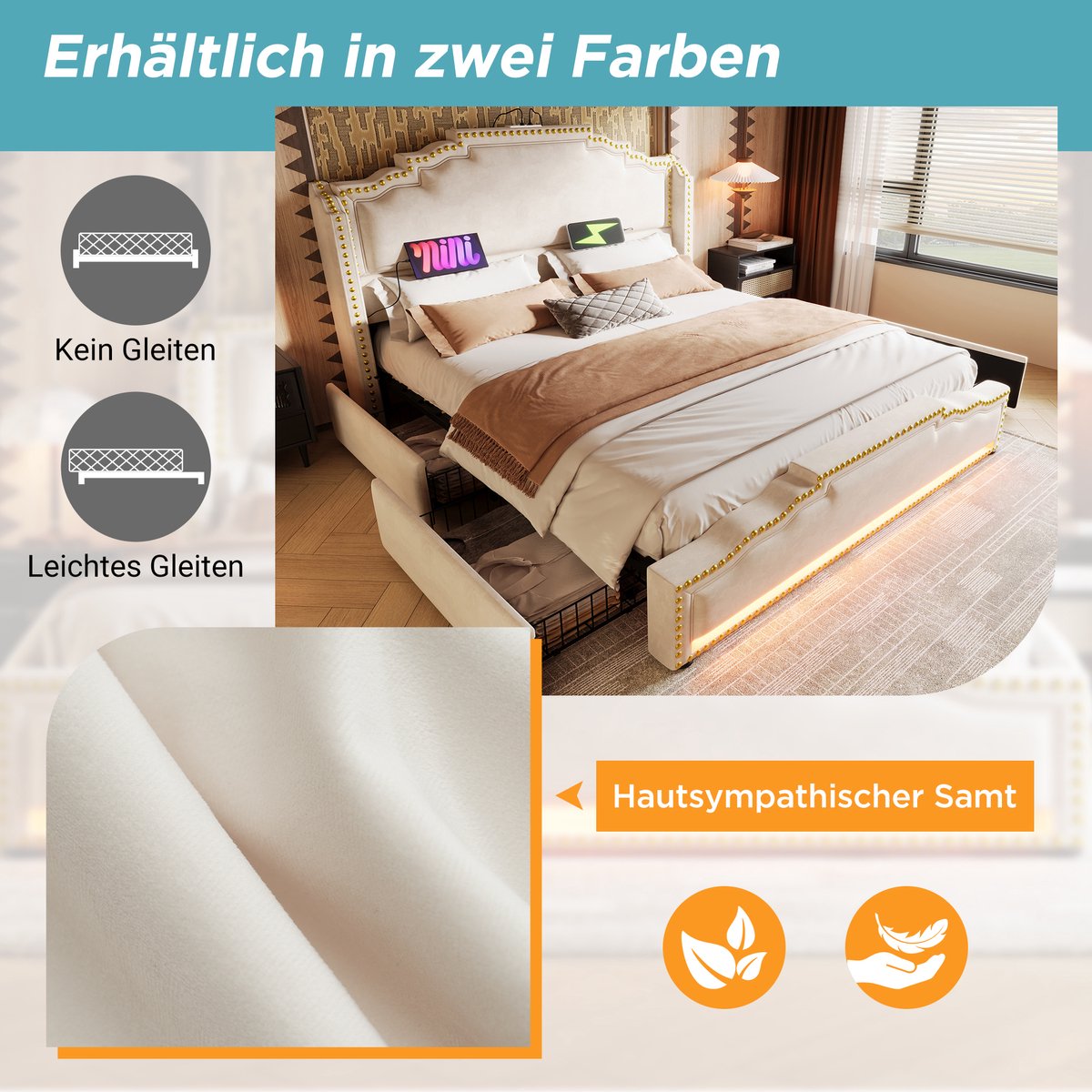 Merax Gestoffeerd bed 160x200cm - tweepersoonsbed met 4 lades - LED-verlichting en USB-C oplaadpoort - opbergbed - beige - met matras