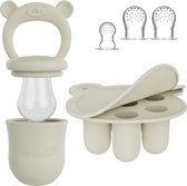 Baby Fruitspeen + 3 spenen & IJsblokjesvorm - Babyhapjes bewaarbakjes - 100% siliconen Fopspeen Beige - Sabbelzakje met bijtring - Broemba®