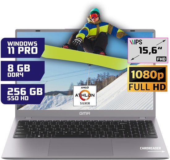 GMR - 15.6 Inch Full HD Laptop - AMD Athlon Silver - 8GB RAM - 256GB SSD - Windows 11 Pro voor Thuis, Office en Studie notebook