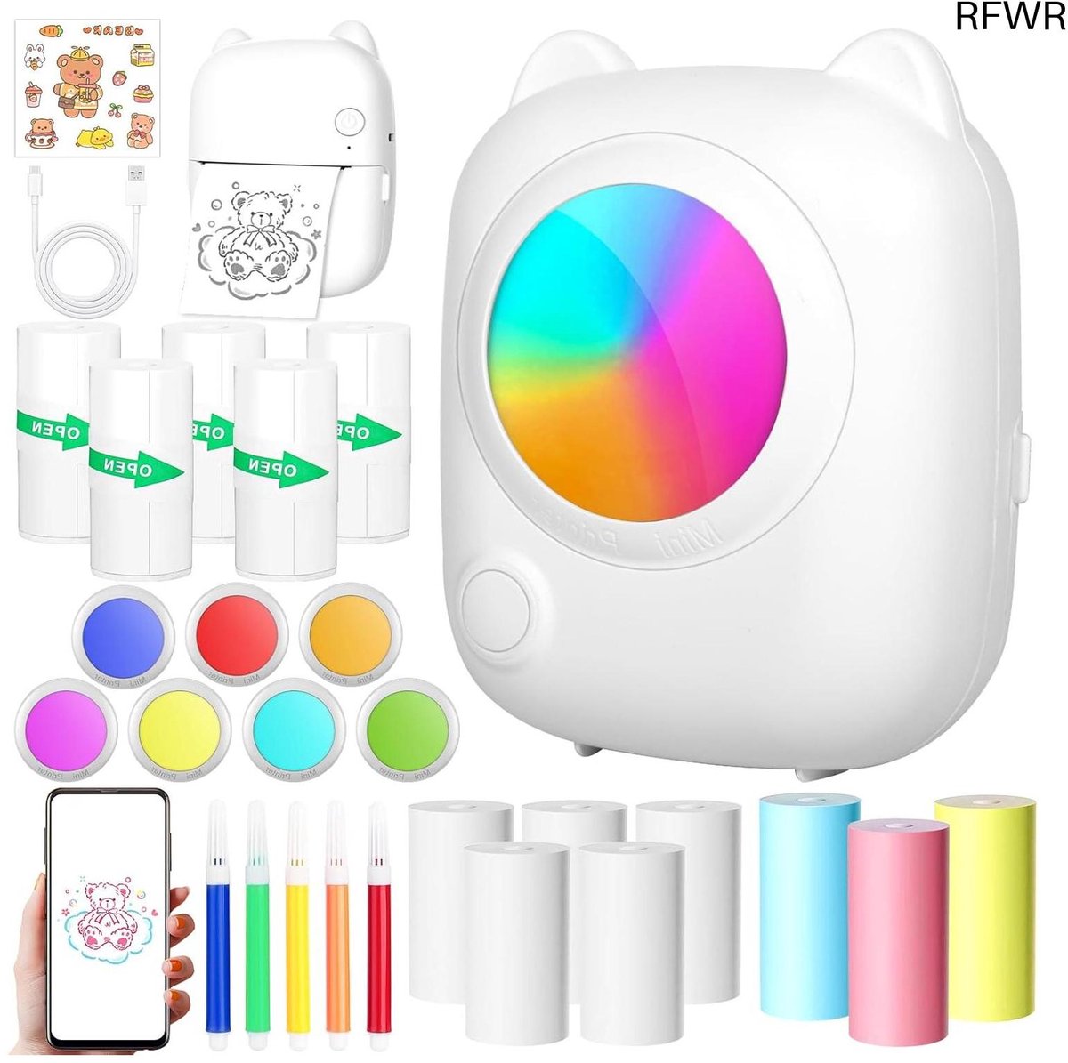 RFWR® Draagbare Mini Fotoprinter met Thermische Technologie voor Smartphone, Inclusief 14 Rollen Papier en Bluetooth Verbinding
