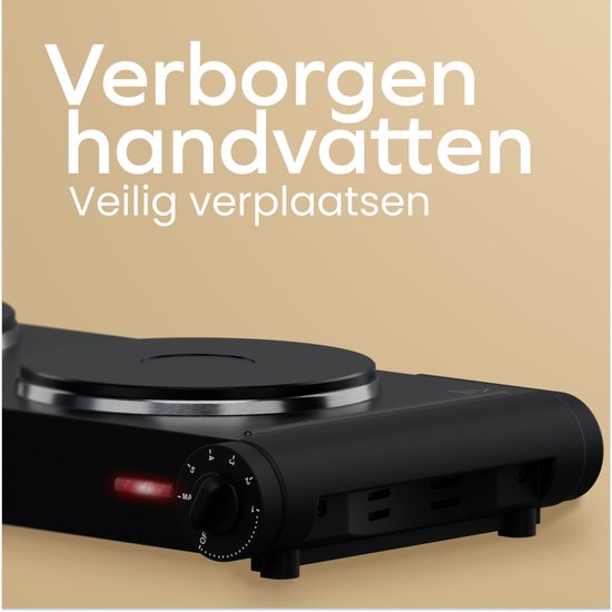 Zwarte elektrische dubbele kookplaat met "Verborgen handvatten" in tekst.