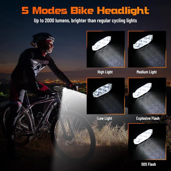 fietslamp voorlicht - 6 LED heldere fietslamp - fietslamp - koplamp - fiets voorlicht - 2000 lumen lichtgewicht fietskoplamp - 4800 mAh USB oplaadbare fietskoplamp - IPX-6 waterdichte fietskoplamp - accessoires geschikt voor alle fietsen — afbeelding 2