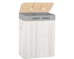 Springos Dubbele Wasmand | 105 L | Met Deksel | Bamboe | Grijs