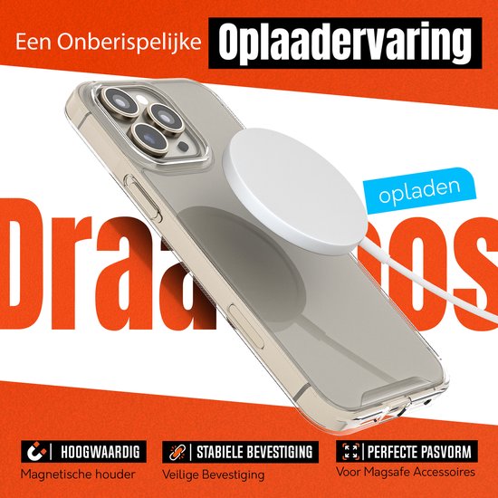 Coque transparente avec un téléphone et chargeur MagSafe, texte 'Une expérience de recharge impeccable sans fil'.