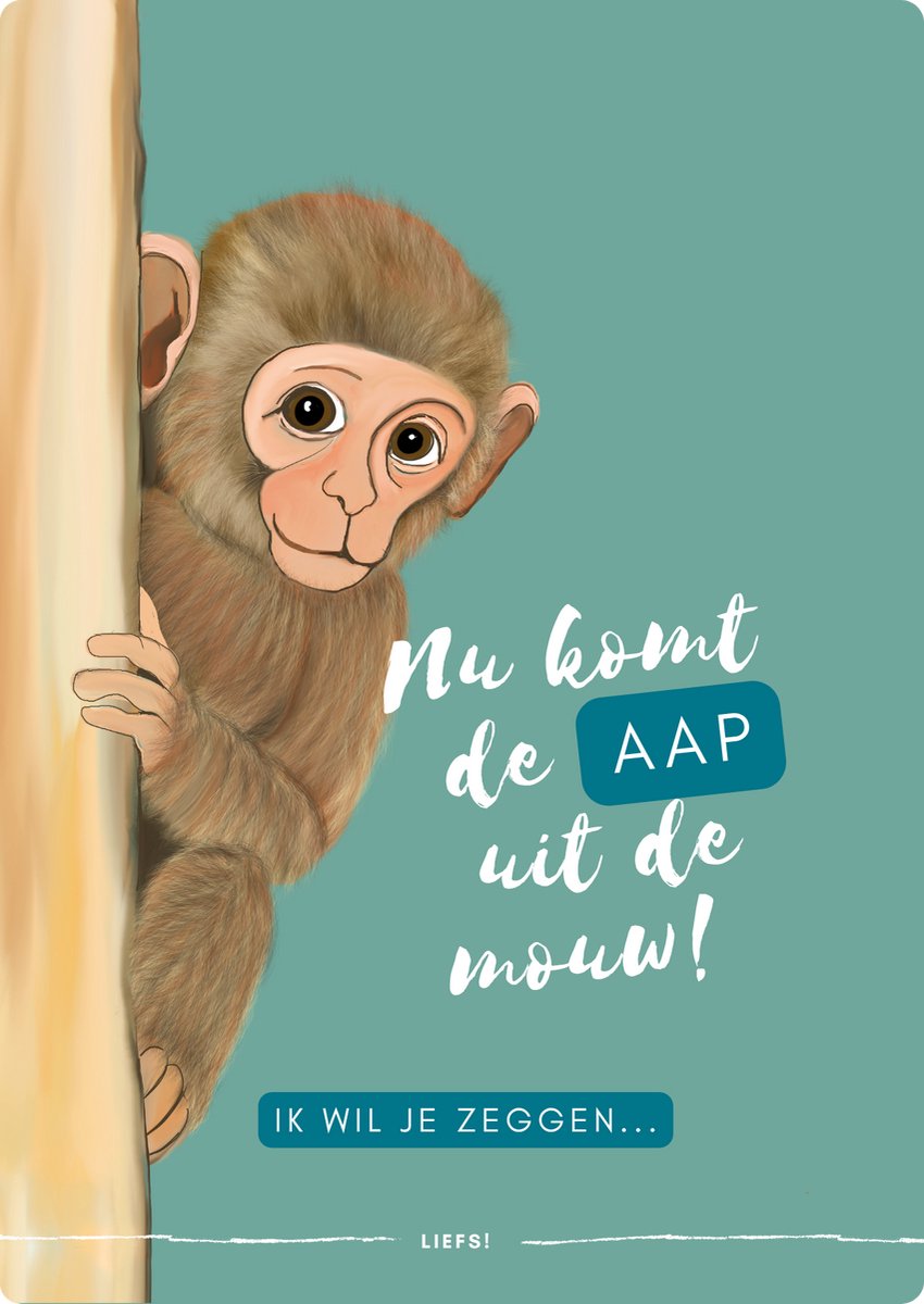 Wenskaart “Nu komt de aap uit de mouw” – Spreekwoordelijke kaart met illustratie en envelop