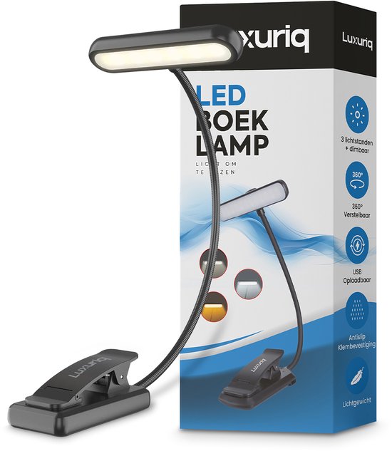 Foto: Luxuriq leeslampje voor boek boeklampje klemlamp verstelbaar usb oplaadbaar 24 led 3 standen dimbaar zwart