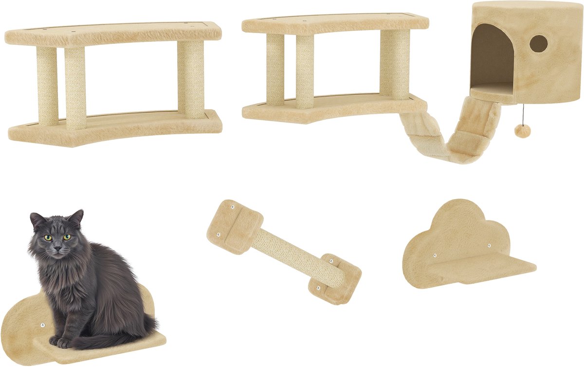 PawHut Katzen Kletterwand Set, 5-teilig Katzenmöbel mit Kratzstamm, Sprungplattformen, Leiter, Haus, Katzen-Wandgerüst, für Katzen bis 5 kg, Plüsch, Beige