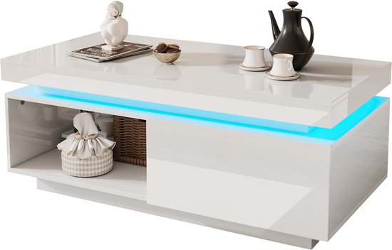 Witte hoogglans salontafel met blauwe LED-verlichting, open vakken en een gesloten gedeelte met een lade.