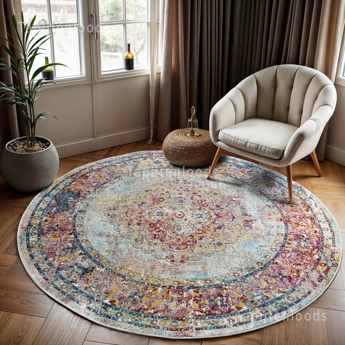 Muratap Picasso Keshan Vintage Rond Vloerkleed Multi / Beige Laagpolig- 160 CM Ø Multikleur