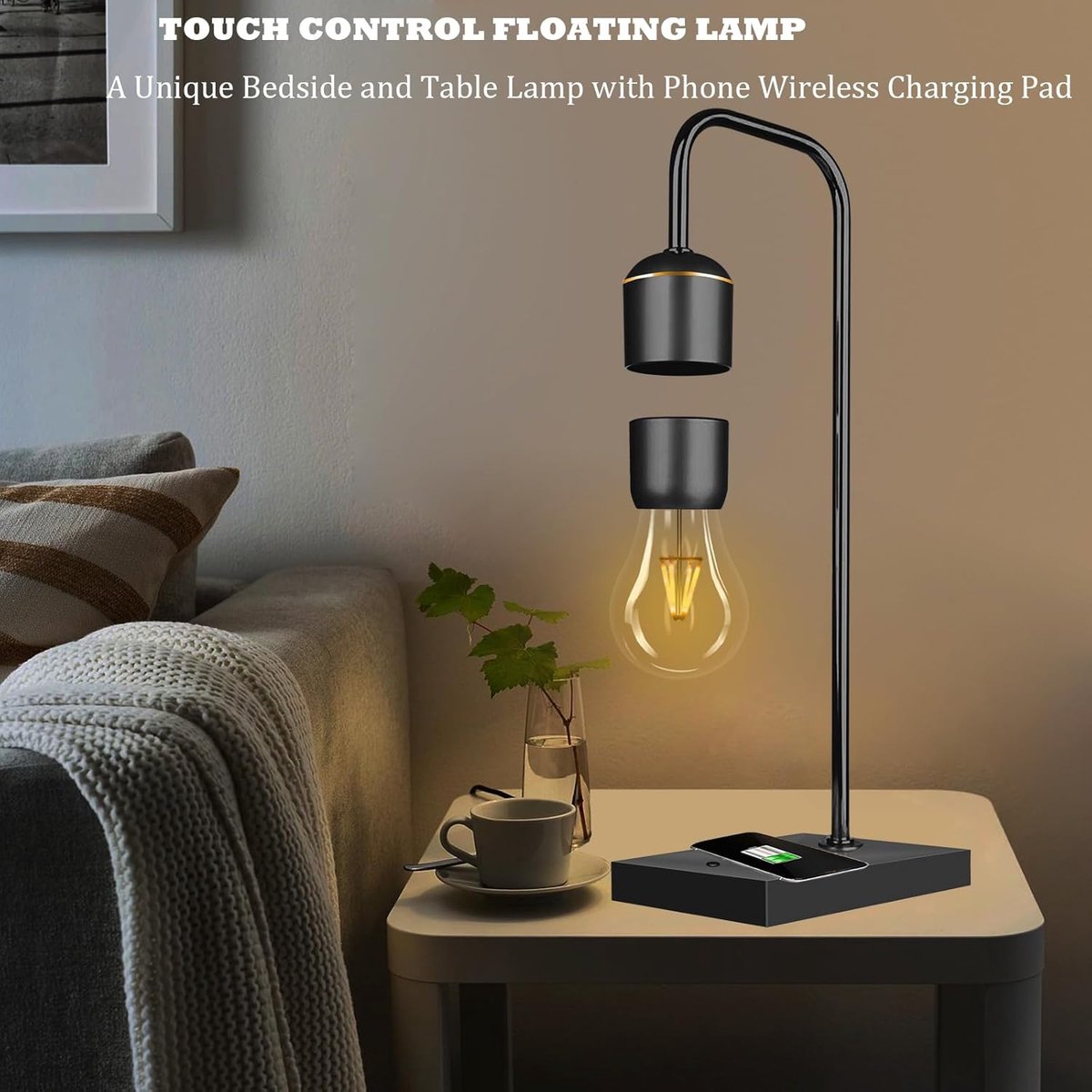 Magnetische leviterende gloeilamp lamp, drijvende LED-lamp bureaulamp met draadloze oplader, roterende leviterende lamp nachtverlichting voor kamer Magnetische leviterende gloeilamp lamp, drijvende LED-lamp bureaulamp met draadloze oplader, roterende leviterende lamp nachtverlichting voor kamer