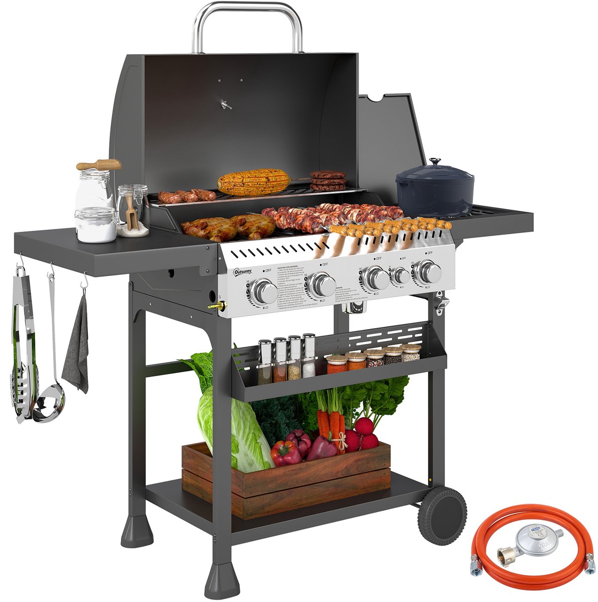 Outsunny gasbarbecue - rvs - 135x55x103 cm - zwart
