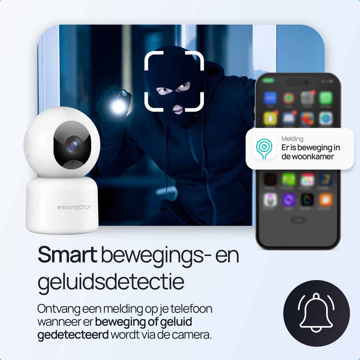 Afbeelding 3 van Protectly® Beveiligingscamera binnen - 2K 3MP Ultra HD – Beveiligingscamera’s – Huisdiercamera - Met WiFi APP - Volgt beweging en geluidsdetectie - Incl. 64GB SD - 2.4/5 GHz - Geen abonnementskosten - Wit