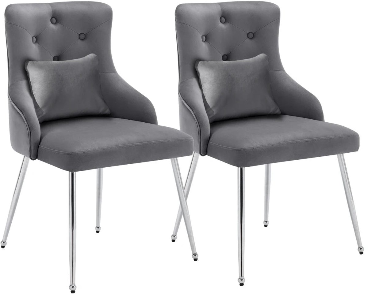 Corenia Eetkamerstoel – Set van 2 - Fluwelen Eetkamerstoel – Comfortabele Stoel – Moderne Zitstoel – Luxe Eettafelstoel – Hoogwaardig Schuim – Ergonomische Lendensteun - 54.5 x 58.5 x 87.5 cm - Donkergrijs