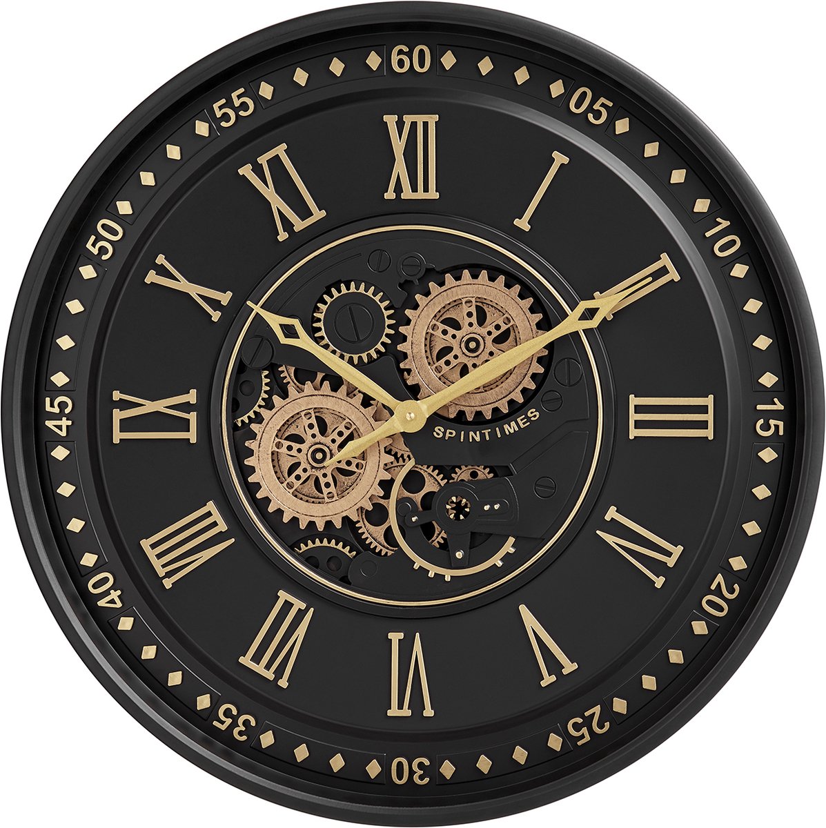 Fresco Wandklok Ø 60 cm – Zwart/Goud – Bewegende Tandwielen – Klassiek Industrieel & Stil Uurwerk