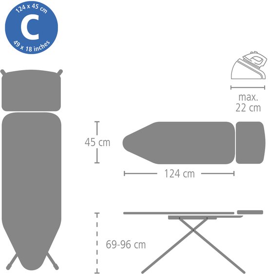 Afmetingen van de strijkplank: 124x45 cm. In hoogte verstelbaar van 69-96 cm.
