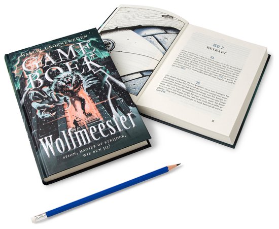 Een open 'Gameboek - Wolfmeester' met een illustratie van een weerwolf en een potlood ernaast.