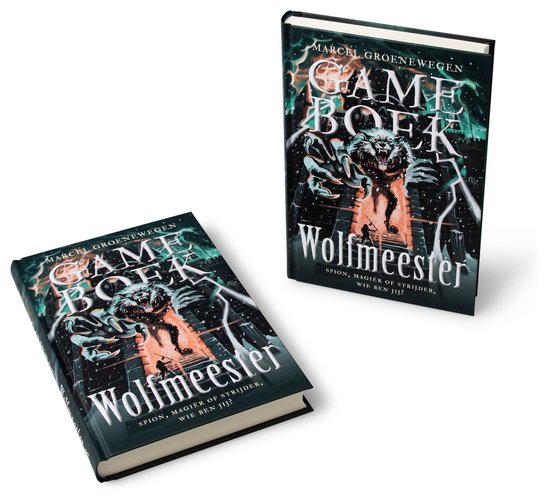 Twee exemplaren van het Nederlandstalige 'Gameboek - Wolfmeester' met een illustratie van een weerwolf.