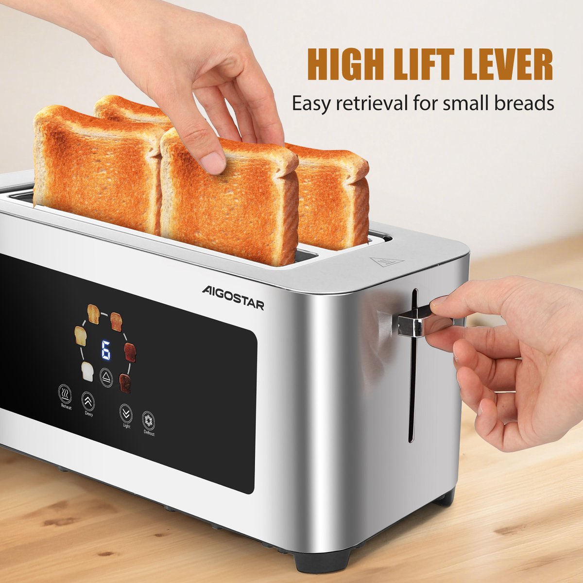 Aigostar Broodrooster lange sleuf - Toaster - LED Display - 4 Sneden - 6 Standen - 1400W - RVS -Bright 303QF thumbnail 2