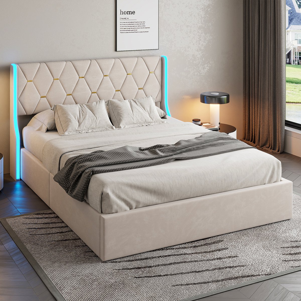 Bed 140x200 cm, Hydraulisch tweepersoonsbed Opslagbed met hoofdeinde en lattenbodem, jeugdbed Bed met rugleuning, zonder matras, fluweelbeige
