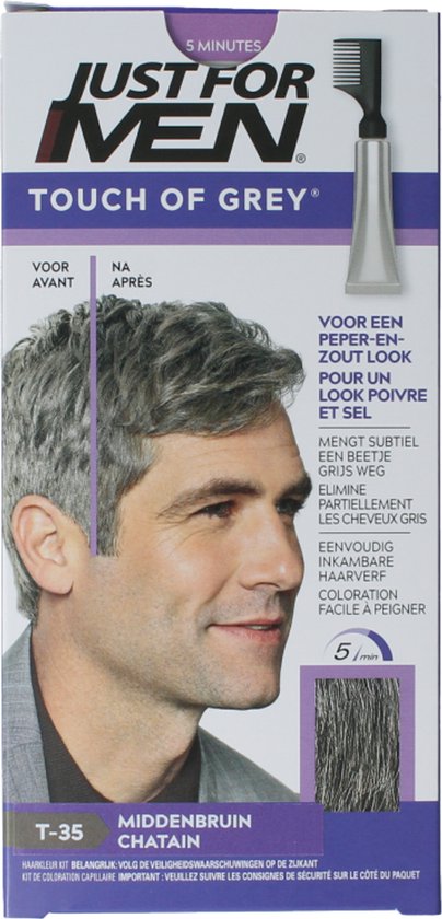 Emballage Just For Men 'Touch of Grey' T-35 châtain moyen, avec un mannequin arborant une subtile couleur de cheveux poivre et sel.